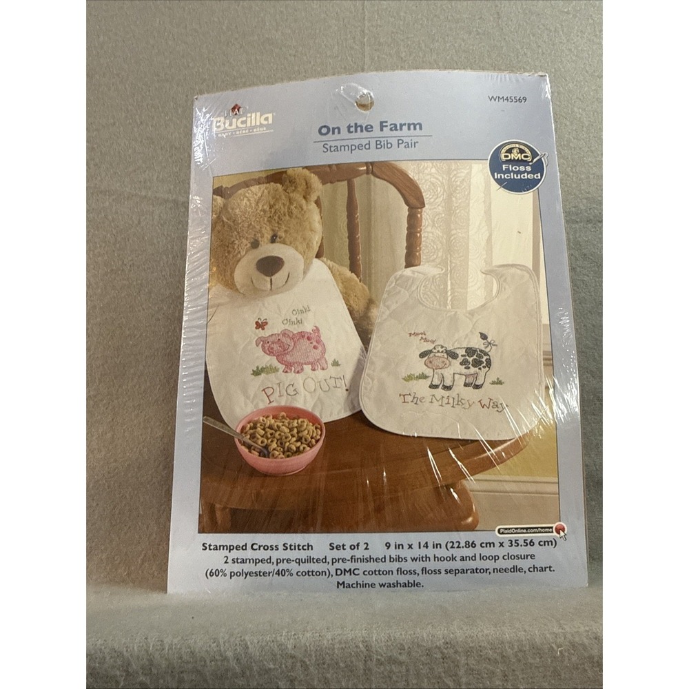 Bucilla Stamped Quilted Cross Stitch Kit Baby Bibs Pair of 2 Fancy Friends Cats